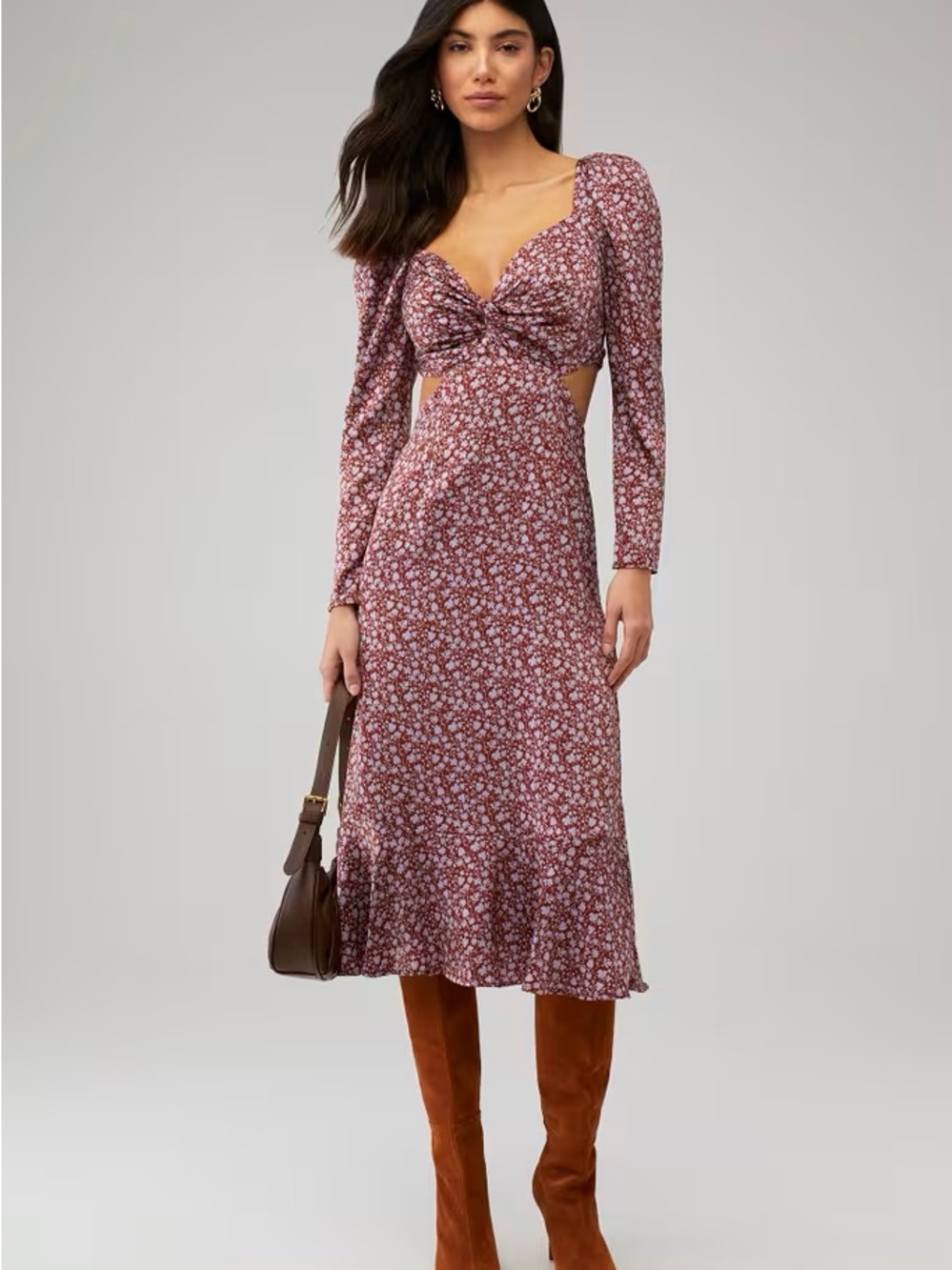 Astr Lainie Floral Cutout Midi Dress in Dusty Rose with Long Sleeves